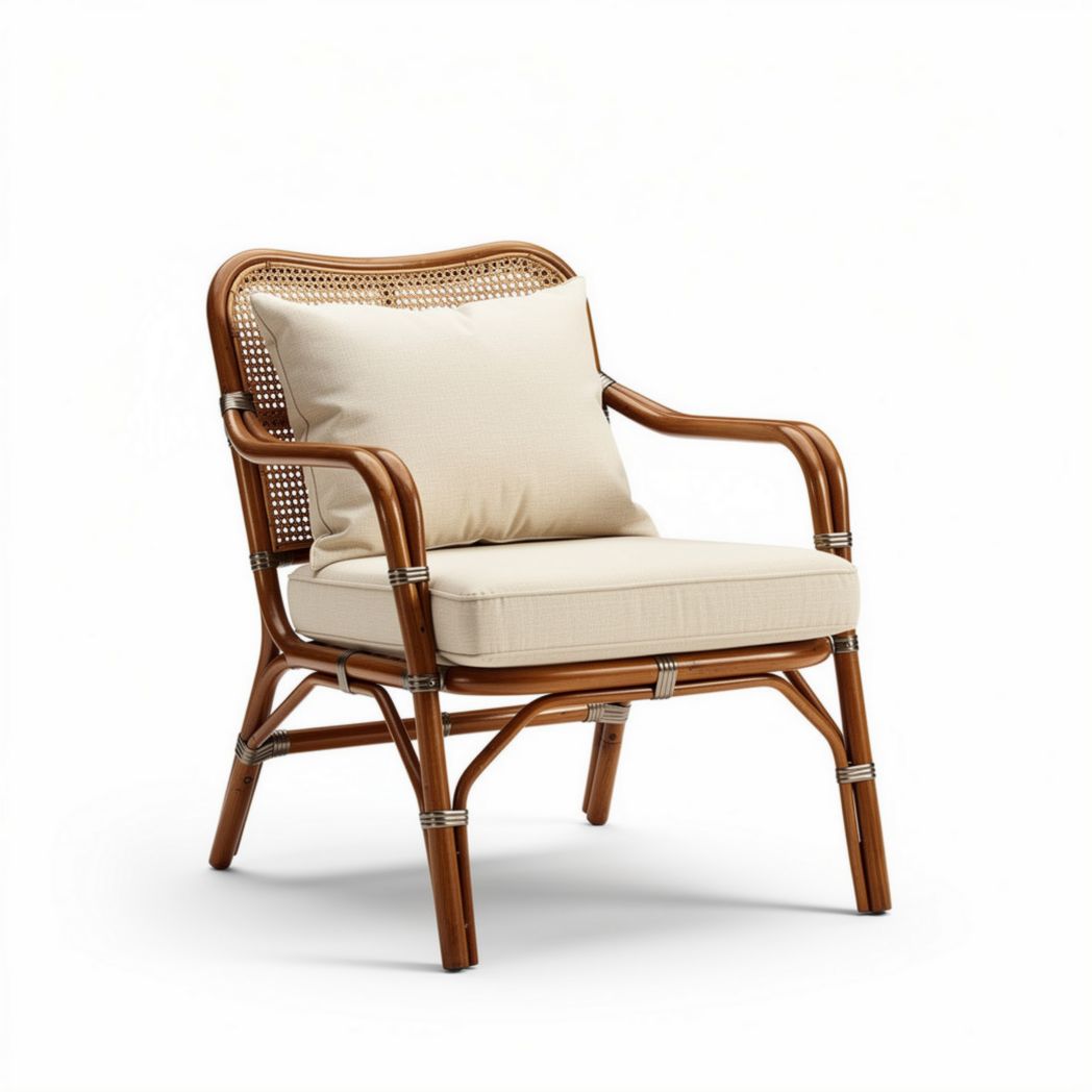 Rieten fauteuil met kussen van katoen en houten frame 70 x 70 x 80cm