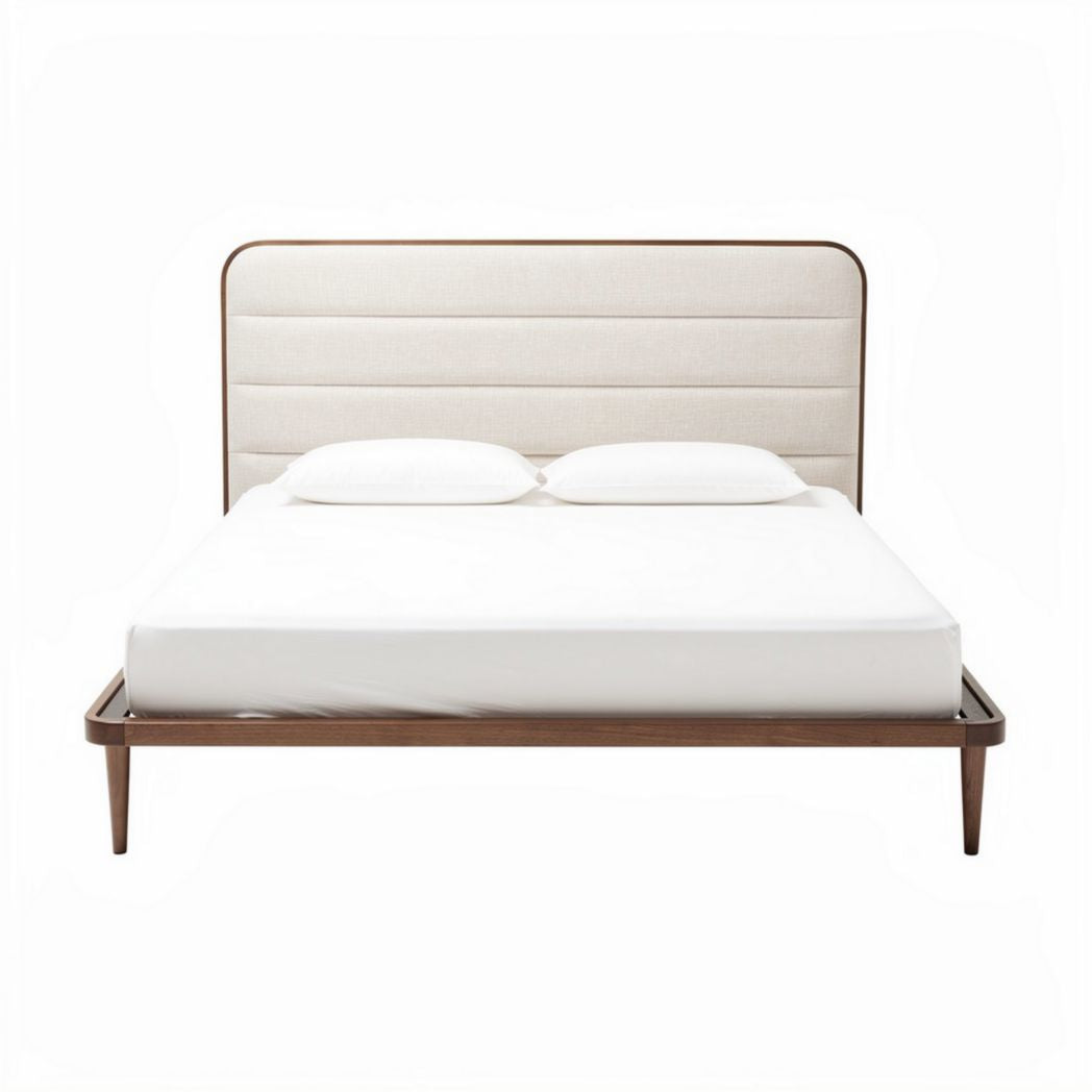 Houten bed met gestoffeerde hoofdbord 200 x 160 x 30cm bruin en beige