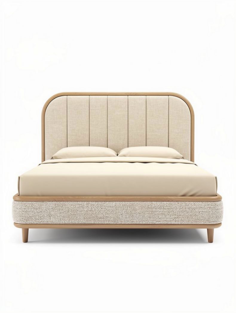 Bed met gestoffeerde hoofdbord en houten onderstel 200 x 150 x 100cm