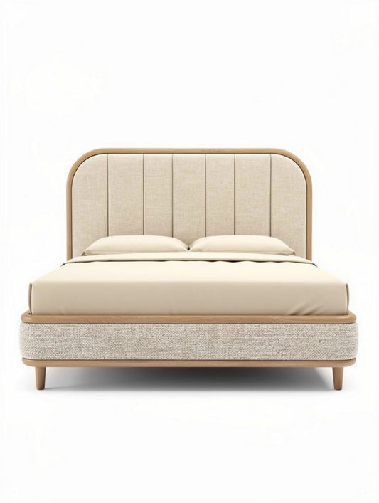 Bed met gestoffeerde hoofdbord en houten onderstel 200 x 150 x 100cm