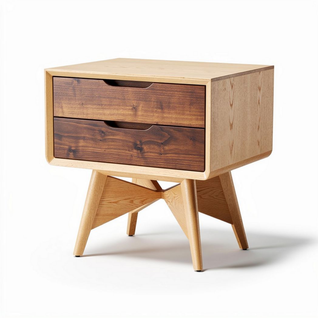houten nachtkastje met twee lades en een afmeting van 50 x 40 x 45cm
