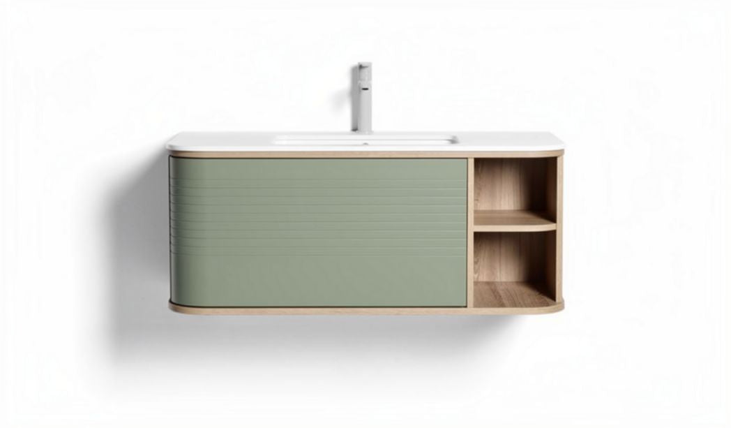 Wandmeubel met wastafel van wit keramiek en groene houten fronten 90 x 40 x 20cm