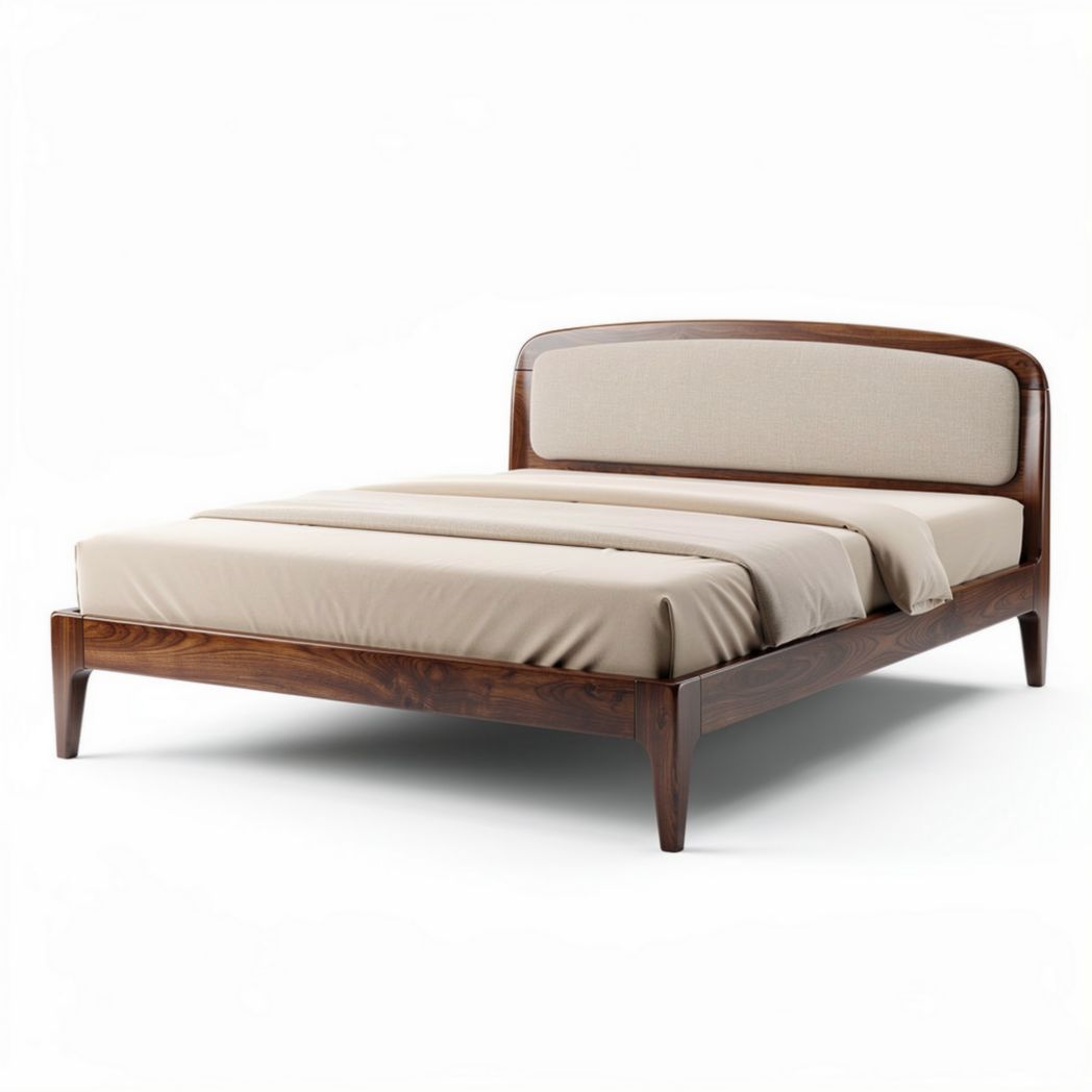 Houten bed met stoffen hoofdbord en afmetingen 200 x 160 x 30cm