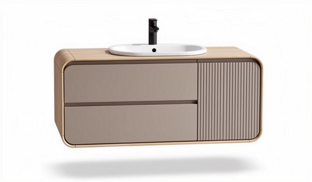 Wandmeubel met wasbak in beige en houtafwerking 120 x 50 x 45cm