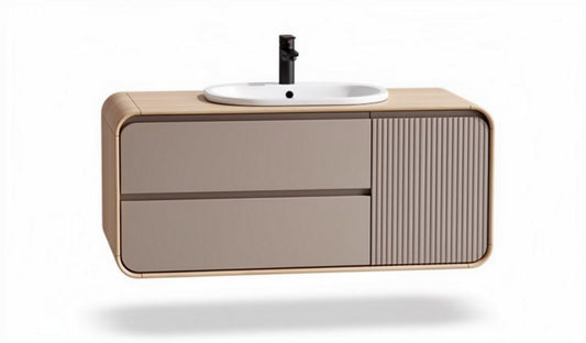 Wandmeubel met wasbak in beige en houtafwerking 120 x 50 x 45cm