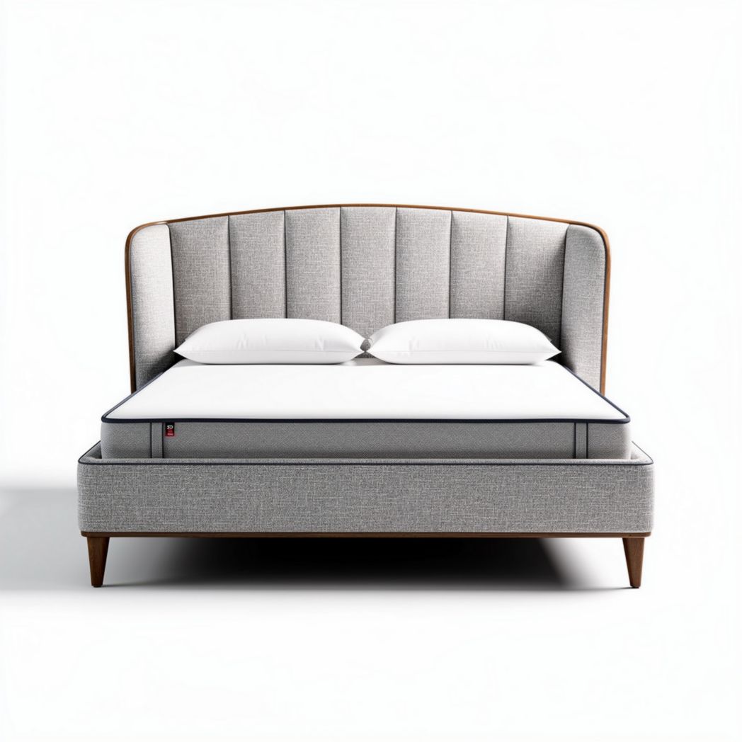 Houten bed met gestoffeerd hoofdbord en matras in grijs 210 x 160 x 100cm