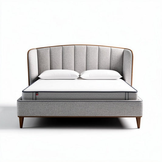 Houten bed met gestoffeerd hoofdbord en matras in grijs 210 x 160 x 100cm